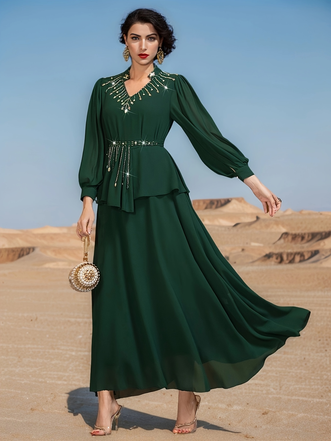 maxi jurk in smaragdgroen voor dames met glinsterende Temu