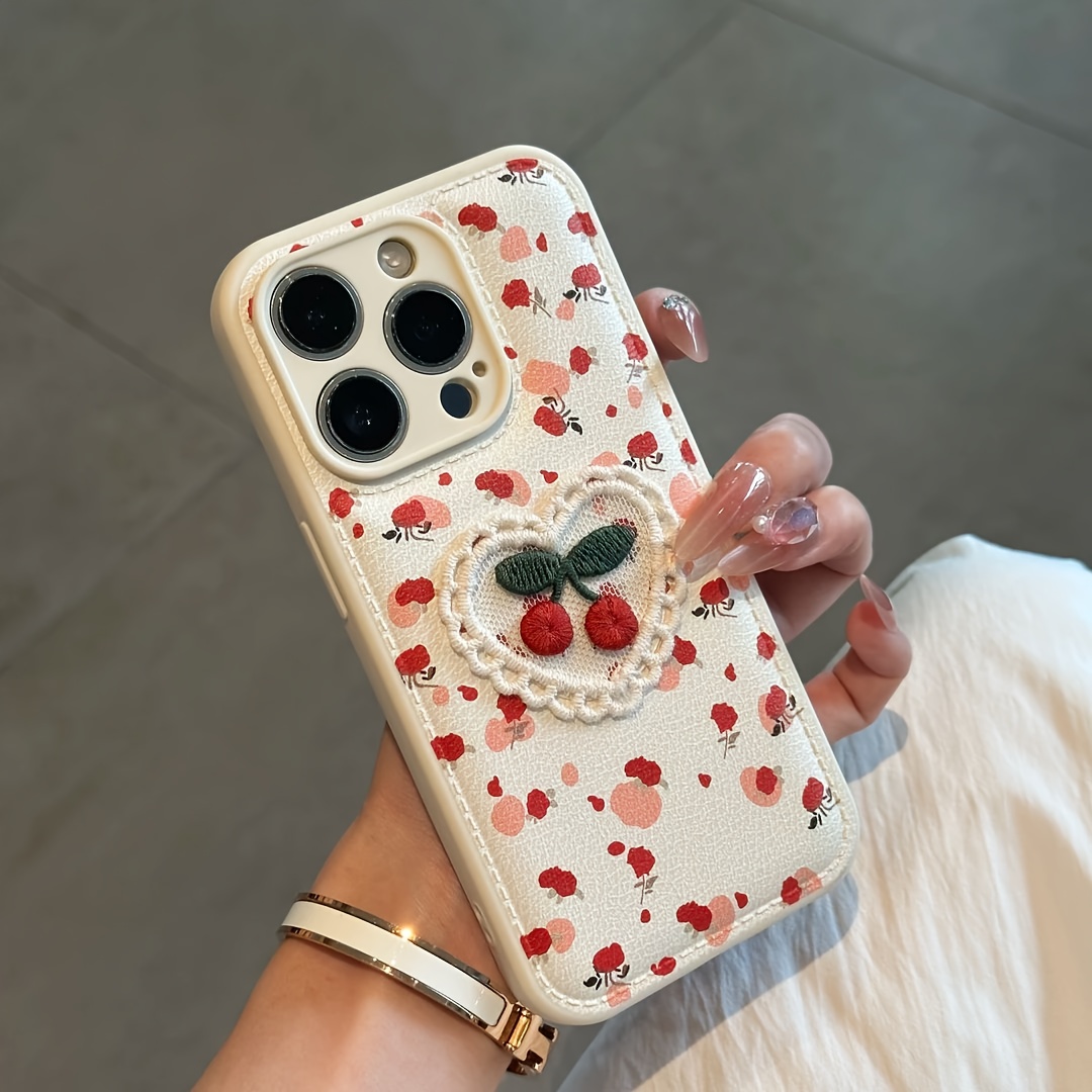 TEMU Phone Case: Cherry Heart 3d Lace Applique Phone Case, Autumn/winter Phone Case, Lychee Texture Phone Case. Suitable For Iphone 17/16/11/13/