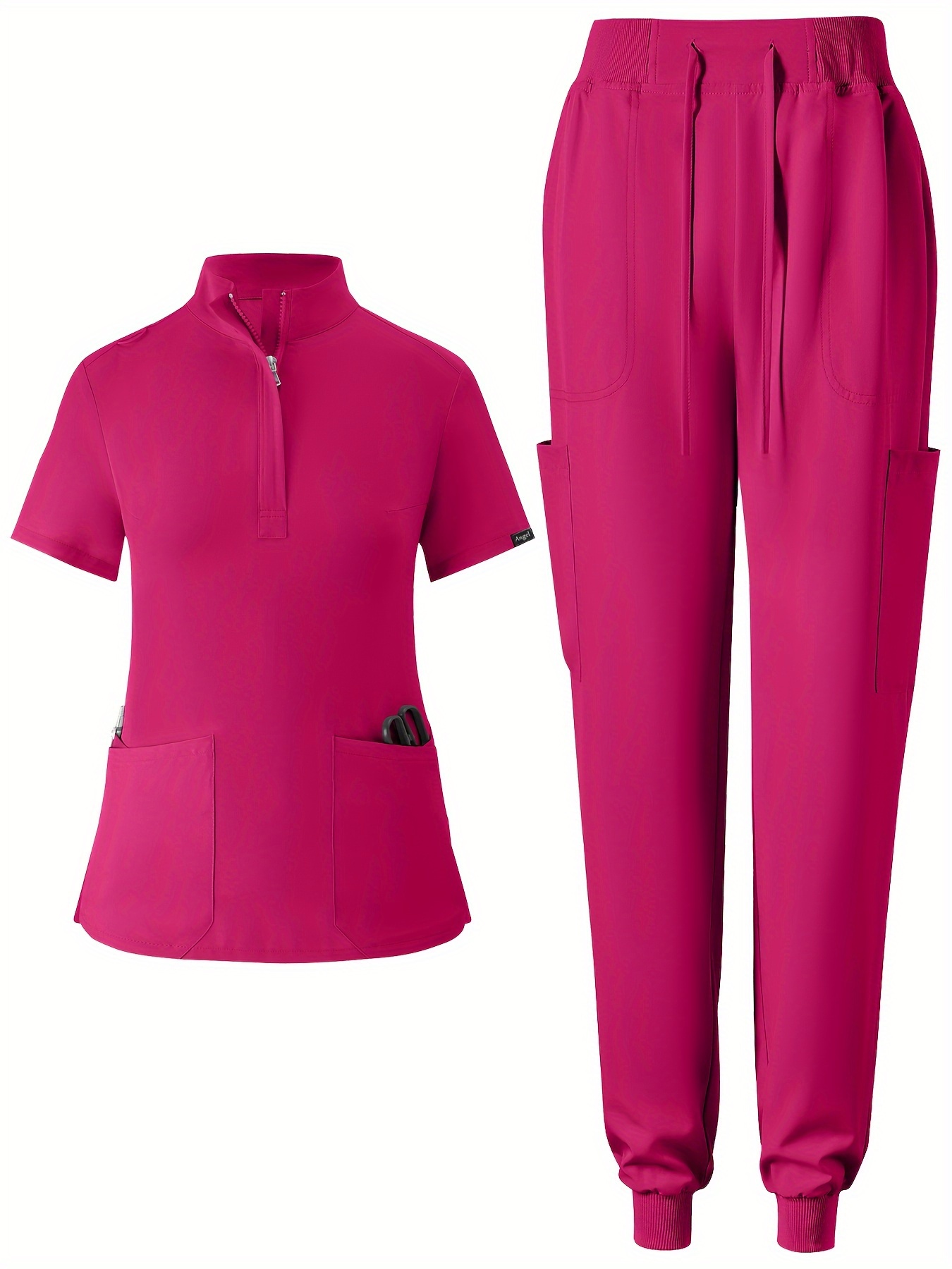 Rahat ve Fonksiyonel Eşleştirme İki Parçalı Takım, Fermuar Önü Stand Yaka Üst ve Bağcıklı Bel Cep Pantolon Sağlık Bakımı Üniforması, Kadın Giyim