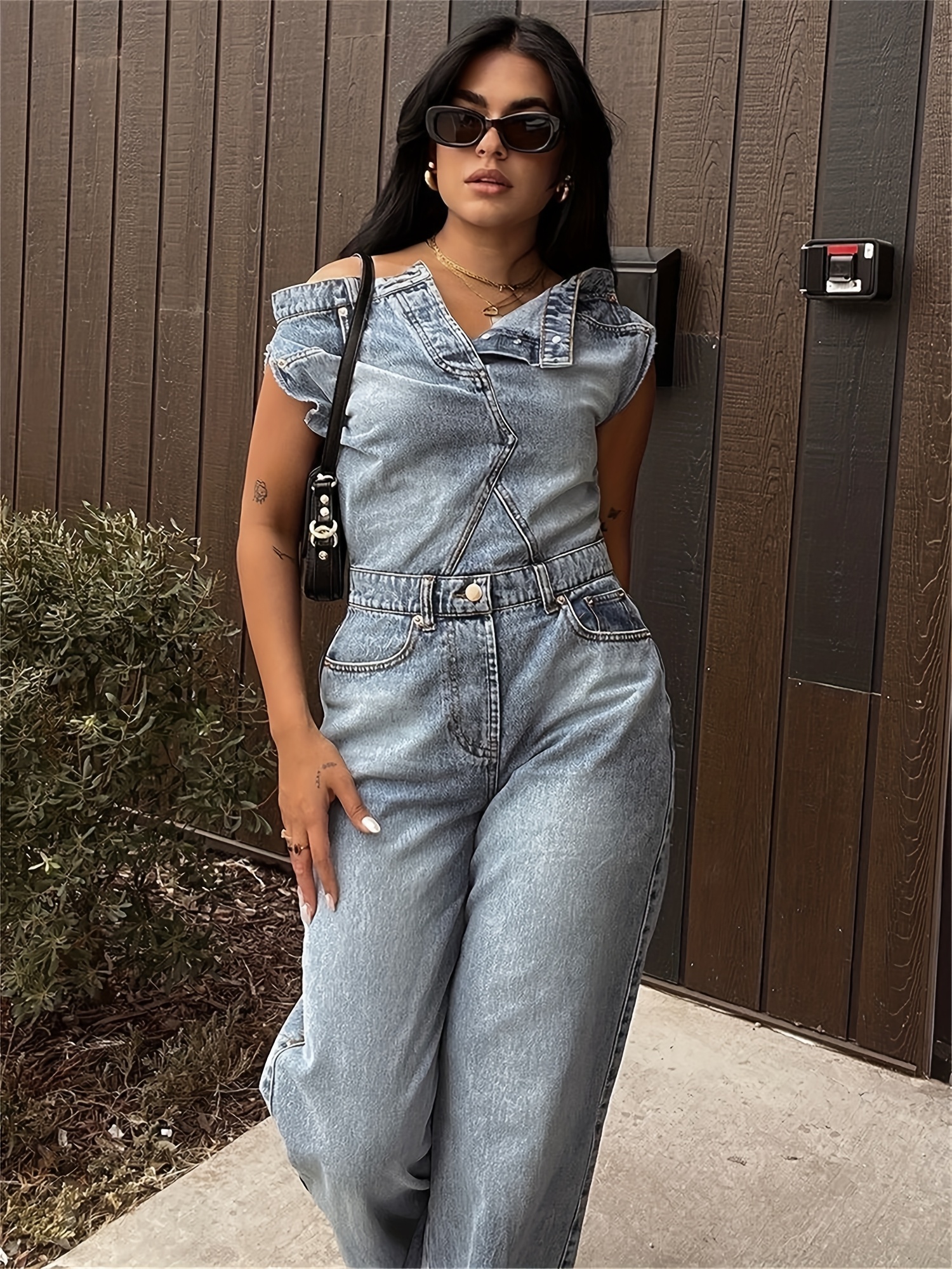 y2k denim jumpsuit asymmetrical one shoulder sleeveless - Temu