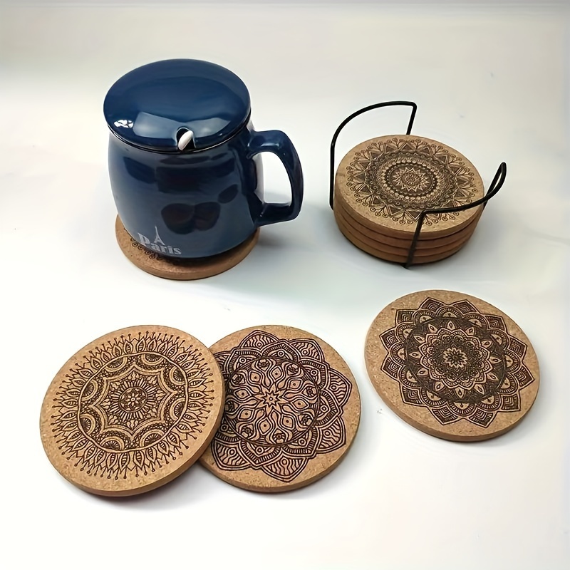 

4-piece Set Of Mandala Geometric Cork Coasters - Heat-resistant & Water-absorbent, Perfect For Home & Office Decor