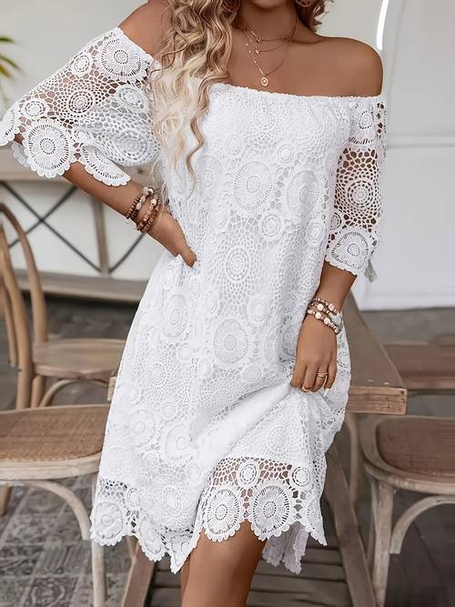 zn05z modisches midikleid, im bohemian-stil, elegant, stilvoll, frisches besticktes spitzen-trägerlos-kleid, lässiges urlaubskleid für damen, , vielseitig