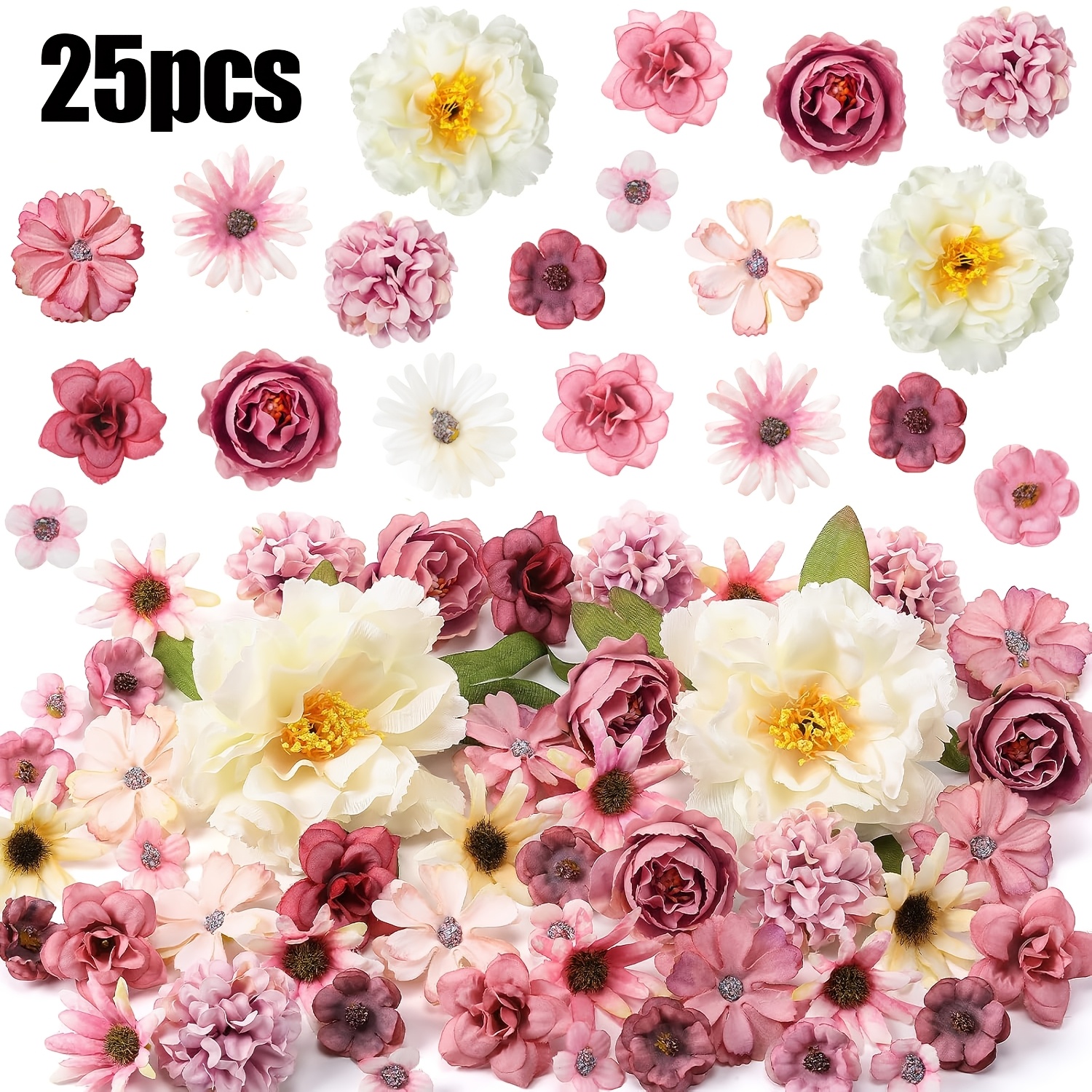 E-shop 25 Stk. künstliche Blumenköpfe, Mini-Seiden-Mixblumen, künstliche Pfingstrose, Gänseblümchen, Rosen, rote weiße kleine Blütenköpfe für