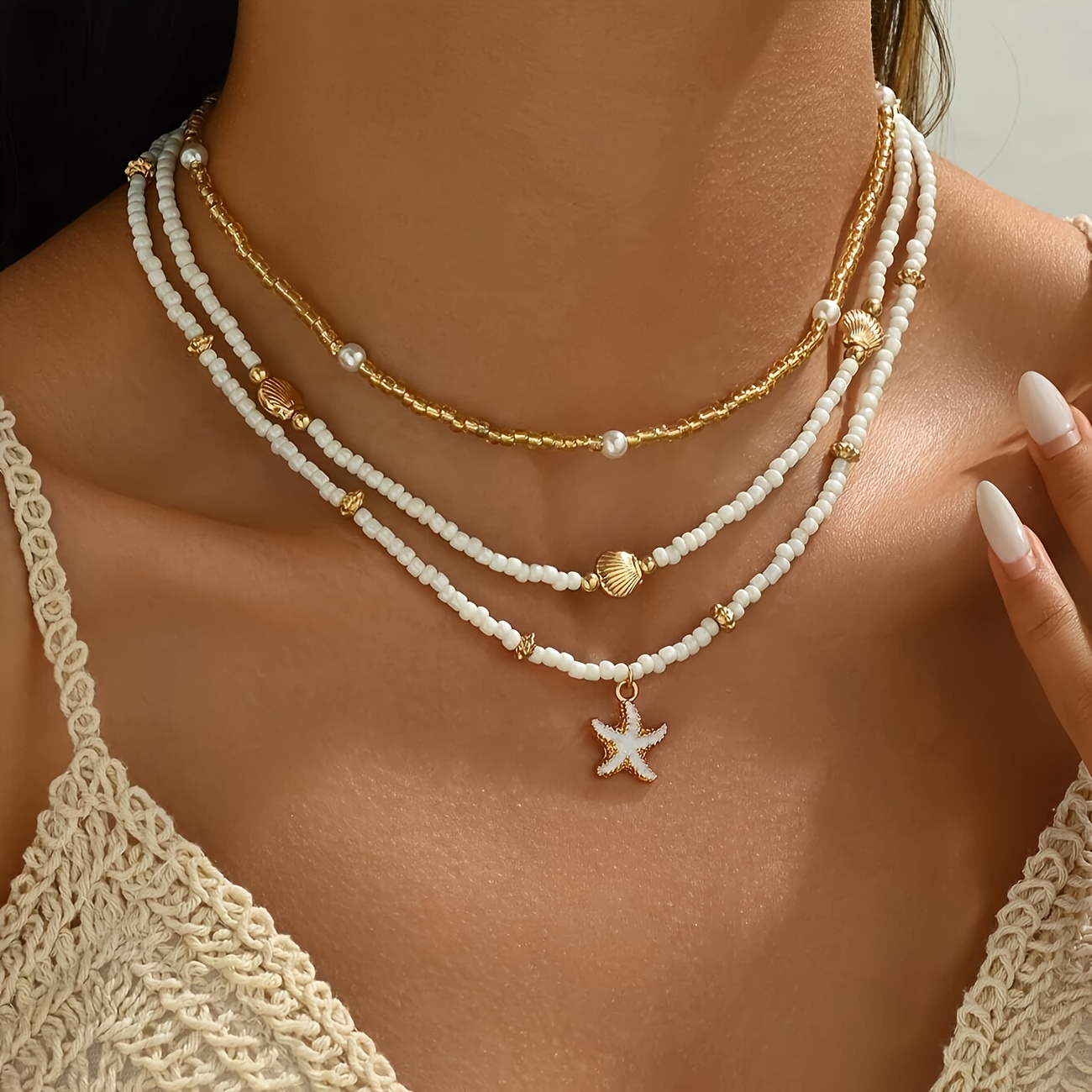 Image of 3pcs/set Retro Style Multi-layered Beaded Necklace, Summer Starfish, Shell Pendant Necklace, Women's Summer Daily, Party And Vacation Jewelry