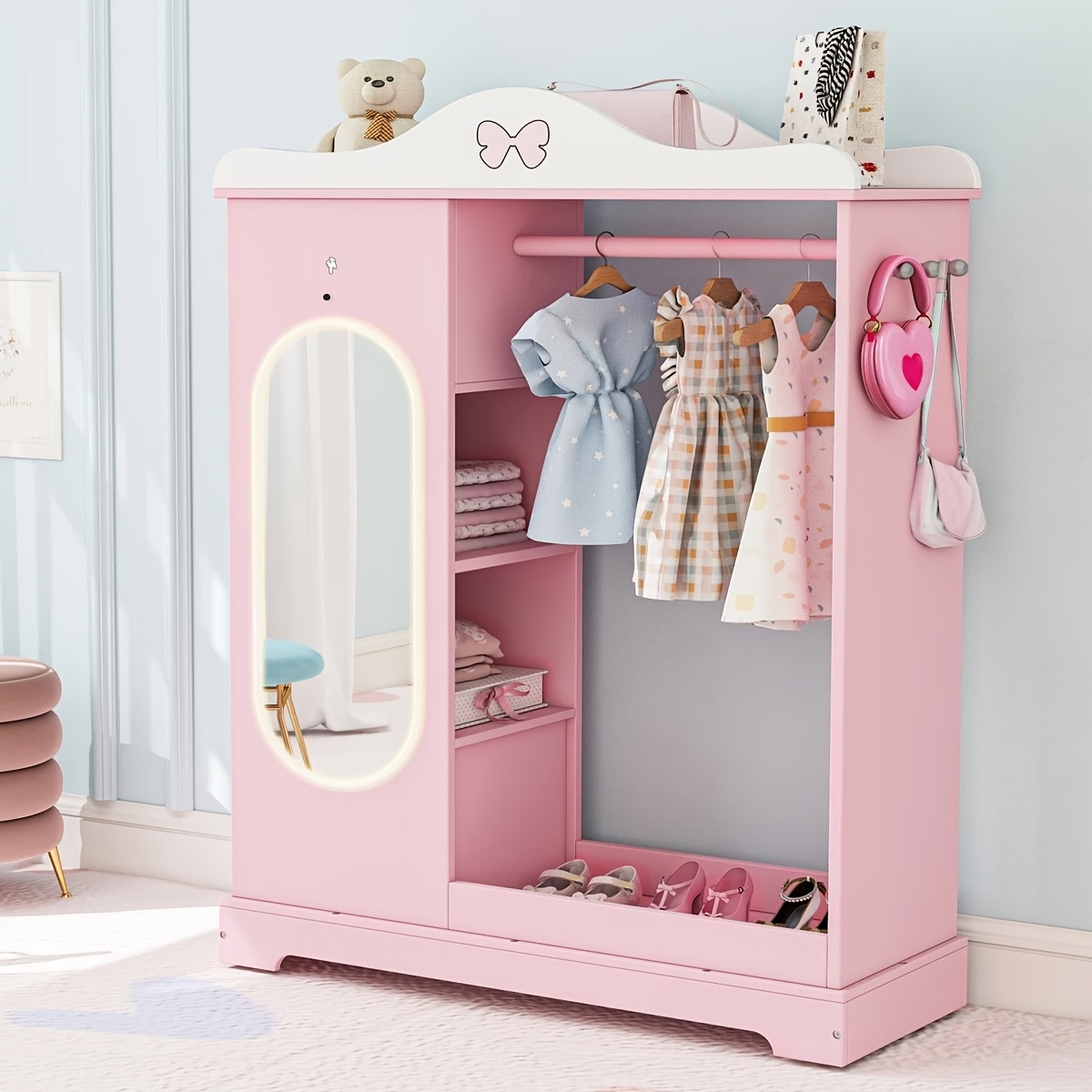 TEMU Kids With Jewelry Cabinet, Kids Dress Up Storage Wth Shelves, Girls Wardrode Costume Organizer With Mirror, Children Closet With For Bedroom,