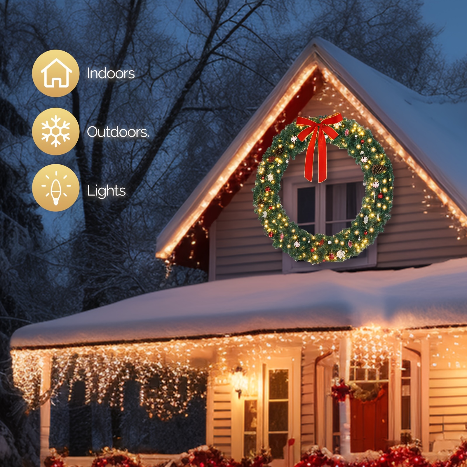 TEMU Leadzm 60" Pre-decorated Usb Powered Led Wreath, Freestanding Plastic Holiday Decoration, With 220 Lights, 600 Stems, Red Bows, Pine Cones,