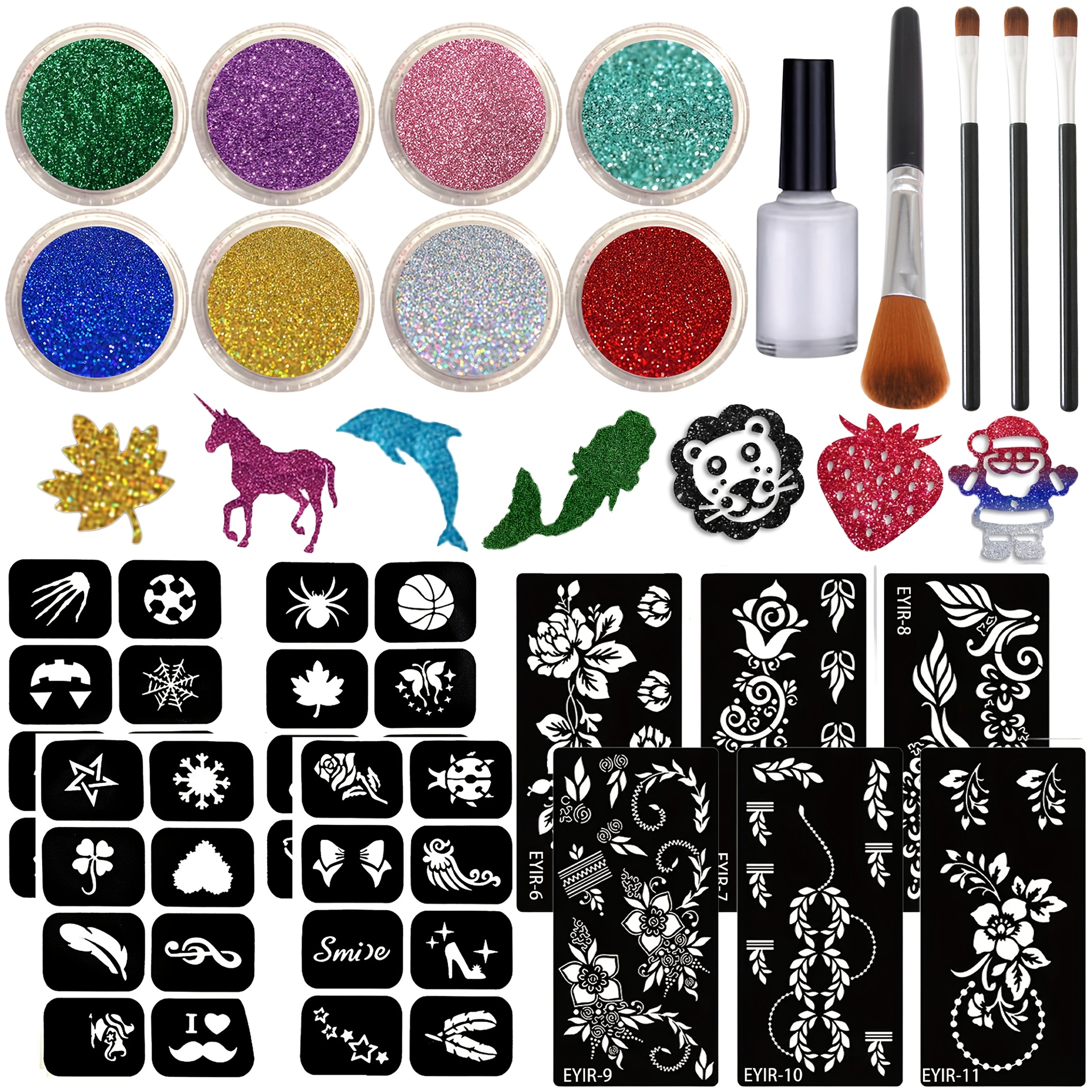 10 Sets Tattoo-Schablonen (schwarz) – Temporäre Glitzer-Tattoos Für Frauen & Mädchen, Wiederverwendbar