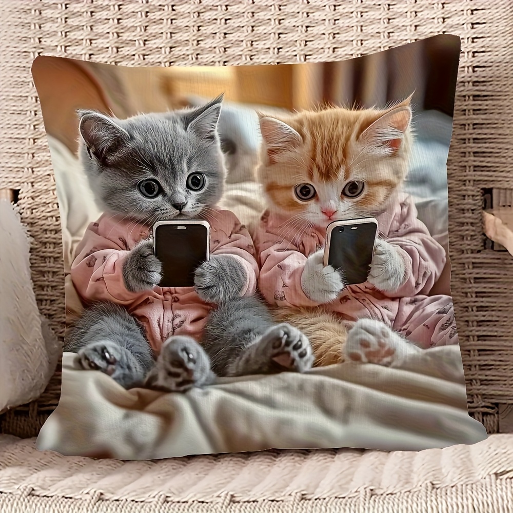 TEMU A 45.72x45.72 Cm Short Plush Pillowcase - Featuring A Double-sided Design Of A British Shorthair Kitten In A Pink Robe With A Smartphone, Modern