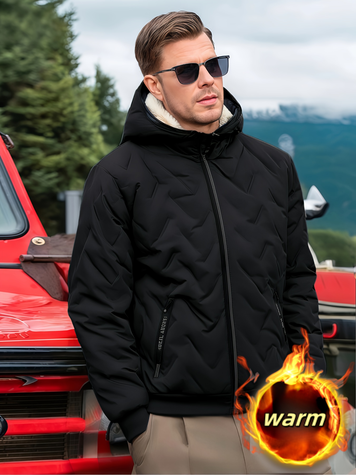 mens hooded fleece jacket thickened windproof comfortable casual   anti cold with lamb velvet lining and lining black 2