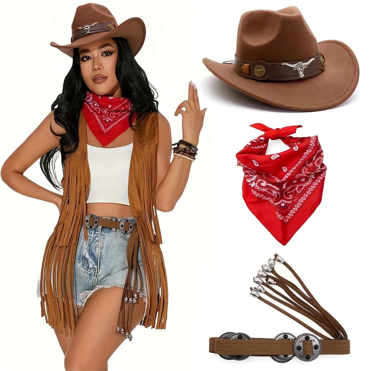 Kids Cowgirl Costume Outfit | Western Denim Vest & Skirt Set With Hat & Bandana | For Halloween, Parties, Dress-Up Dress Up Clothes For Girls 3-4 Kids Cowgirl Costume Outfit | Western Denim Vest & Skirt Set With Hat & Bandana | For Halloween, Parties, Dress-Up Dress Up Clothes For Girls 3-4