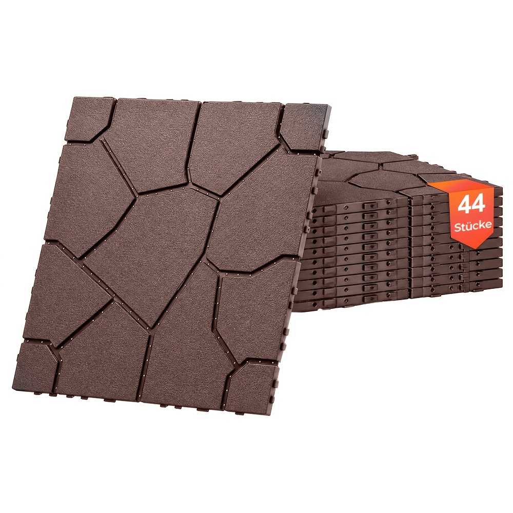 Image of 44/11 Sheets Large Stone Effect Plastic Patio Tiles, Peel And Stick Waterproof Outdoor Flooring, Non-slip Textured Weather Resistant , Gray/brown, Grid Pattern, For Pools, , Backyards &