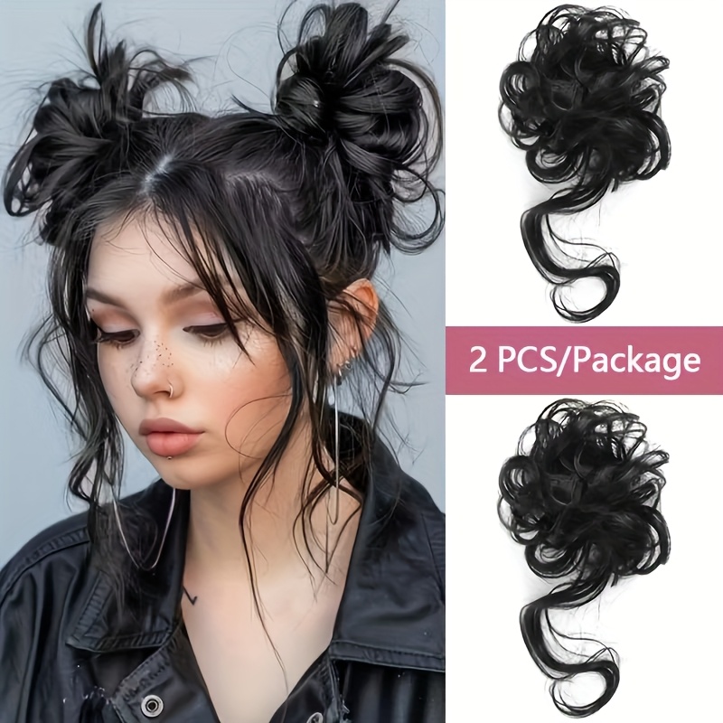 TEMU 2pcs Mini Messy Bun Hair Extension-a Large Number Of Wavy Curly Hair, Synthetic Ponytail Hair For Women, Black And Brown Thick Updo Hair, Easy