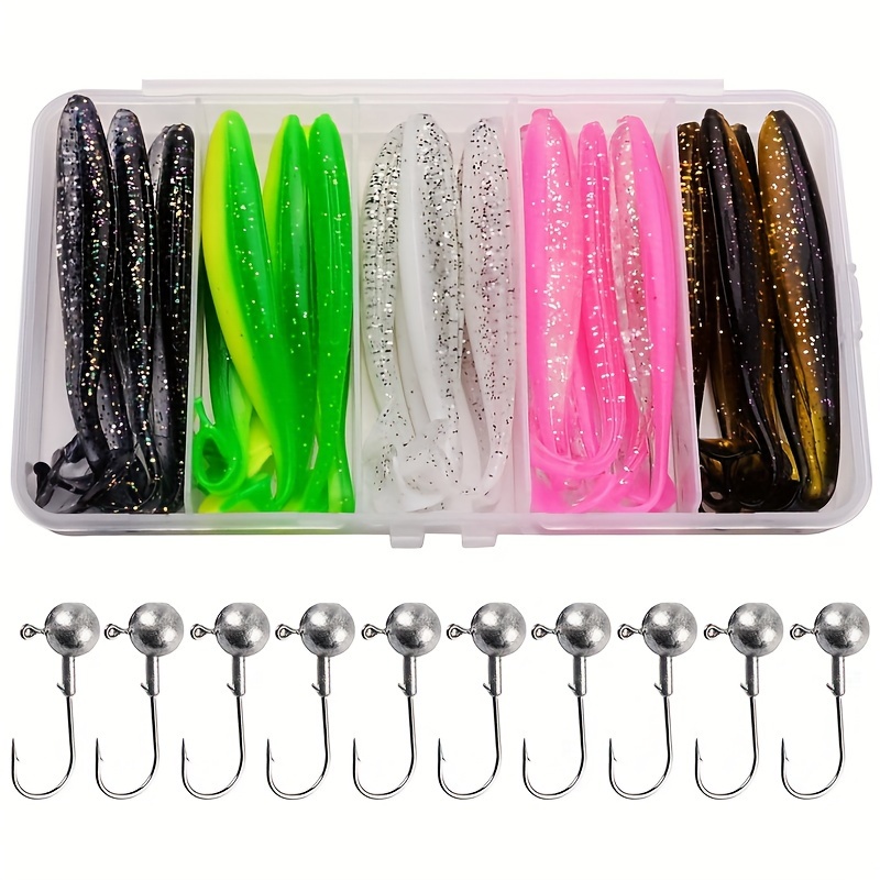 

35pcs Soft Silicone Artificial Lures Set For - T-tail Fishing Baits With Jig Heads - Assorted Colors, Hooks Kit For Trout & Bass