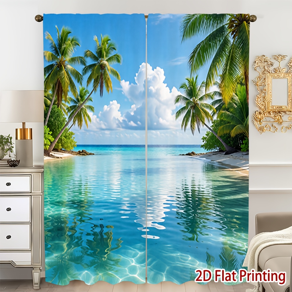 TEMU 2 pièces Rideaux Imprimé Plage - Filtrage de , de l'Intimité, Design à Poche pour Tringle. Adapté pour Salon, Cuisine, Chambre, Bureau, Balcon,