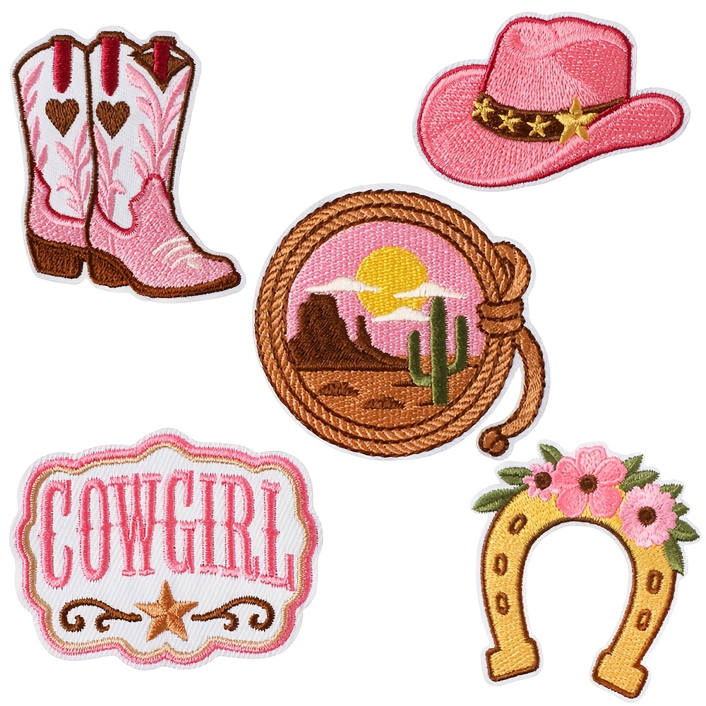 TEMU 5pcs Western Cowboy Style Embroidered Patches Pink Cowgirl Denim Boots Hat Horseshoe Cloth Stickers, Suitable For Clothing Hats Bags Creative