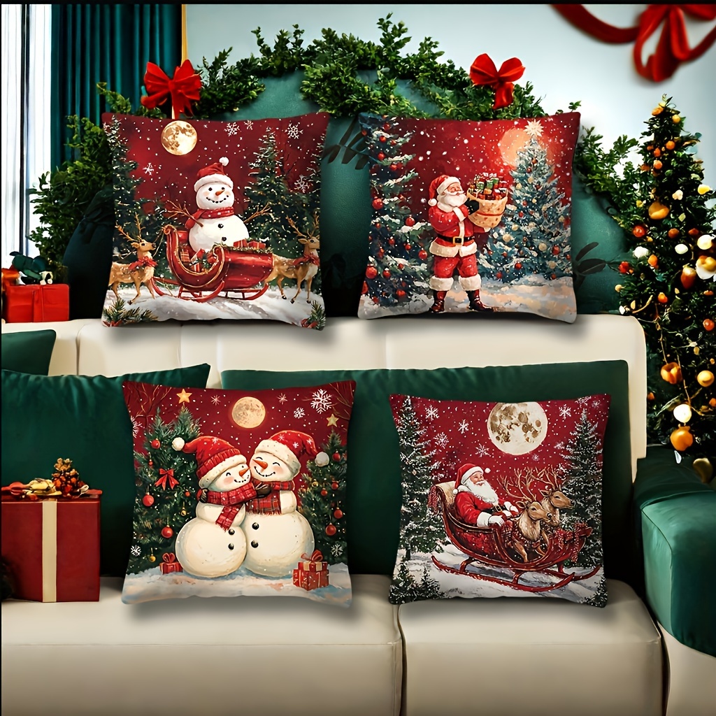 

4-pack Christmas Throw Pillow Covers, Contemporary Style, Polyester, Zippered, Machine Washable, Decorative Cushion Cases For Sofa, Bed, Car, And Home Decor - And Santa Designs