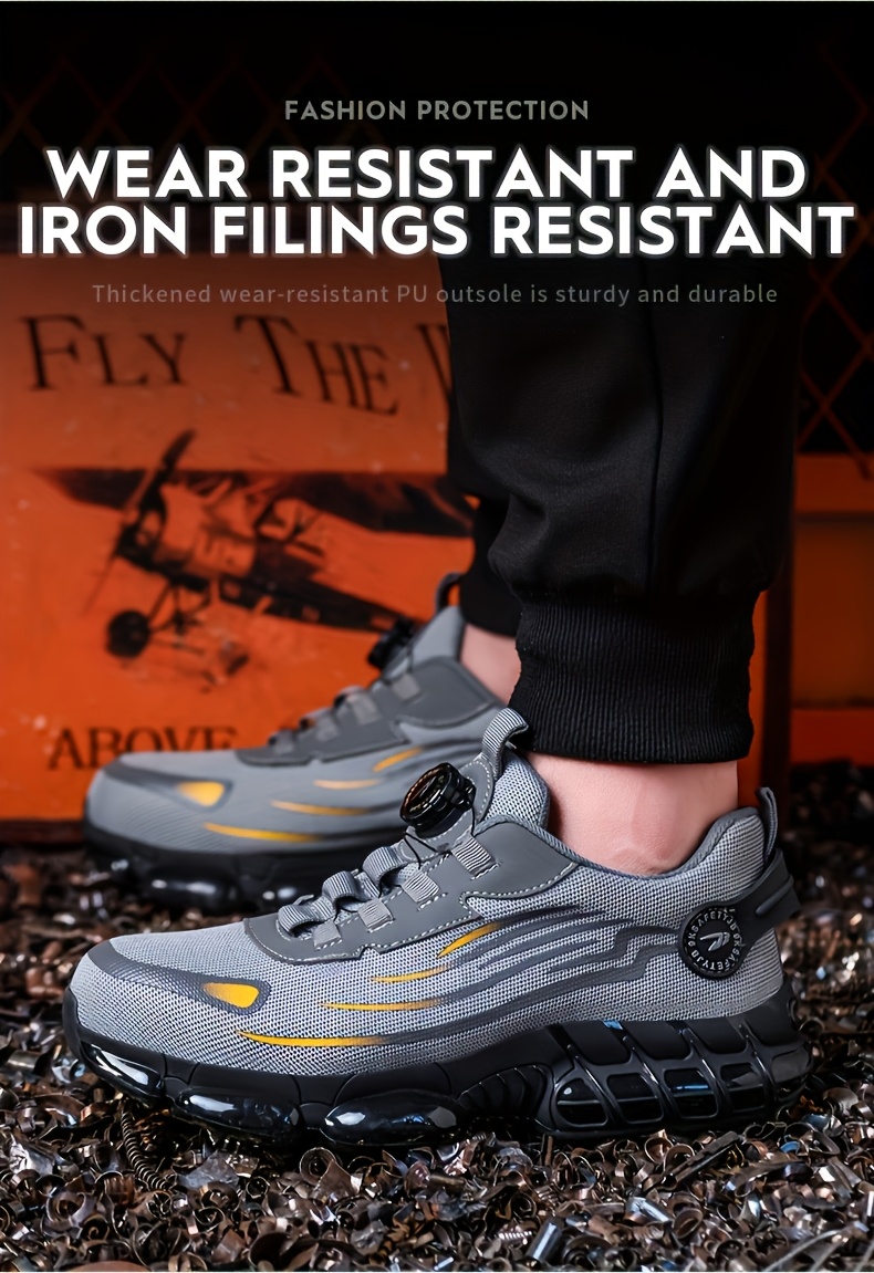 Men's Anti-Smashing Anti-Puncture Safety Work Shoes - Breathable Lace-Free Elastic Closure, Soft PU Sole with Metal Toe Cap, Retro Striped Design for Hiking, Outdoor & Daily Wear, Hiking Boots