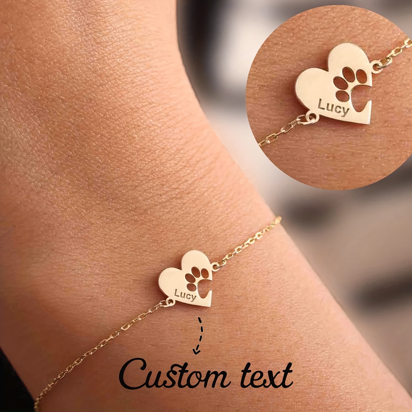 TEMU A Custom Cute Paw Print Heart-shaped Bracelet, Engraved With Personalized Prints, A Thoughtful Gift For , Featuring Pet-friendly Jewelry