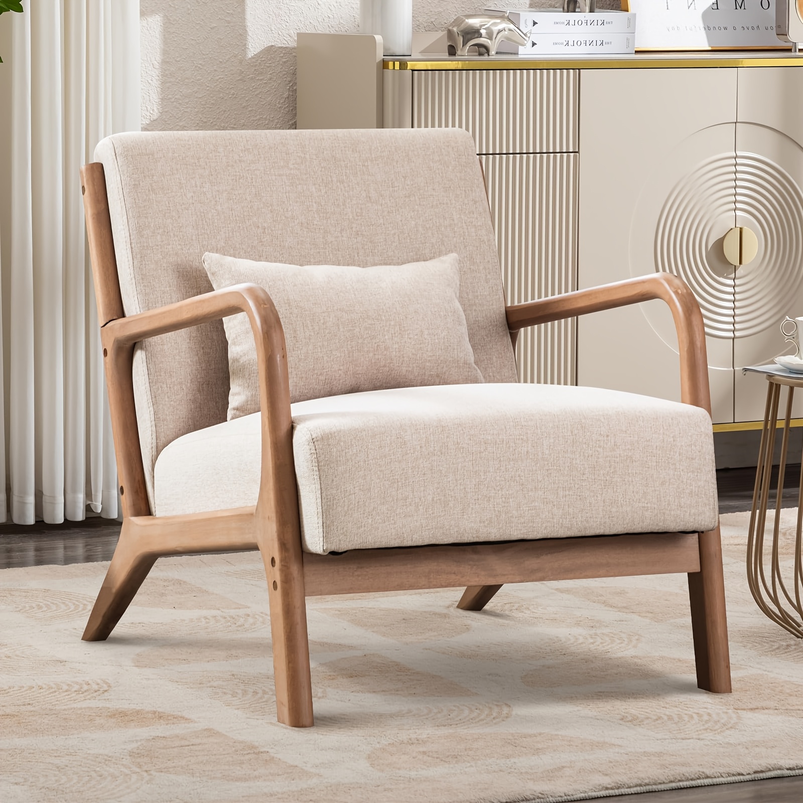 retro leisure chair accent armchair in   century   with a lumbar pillow comfortable lounge chair with 18cm thick cushion wooden armrests suitable for bedroom living room or reading room with solid wood frame