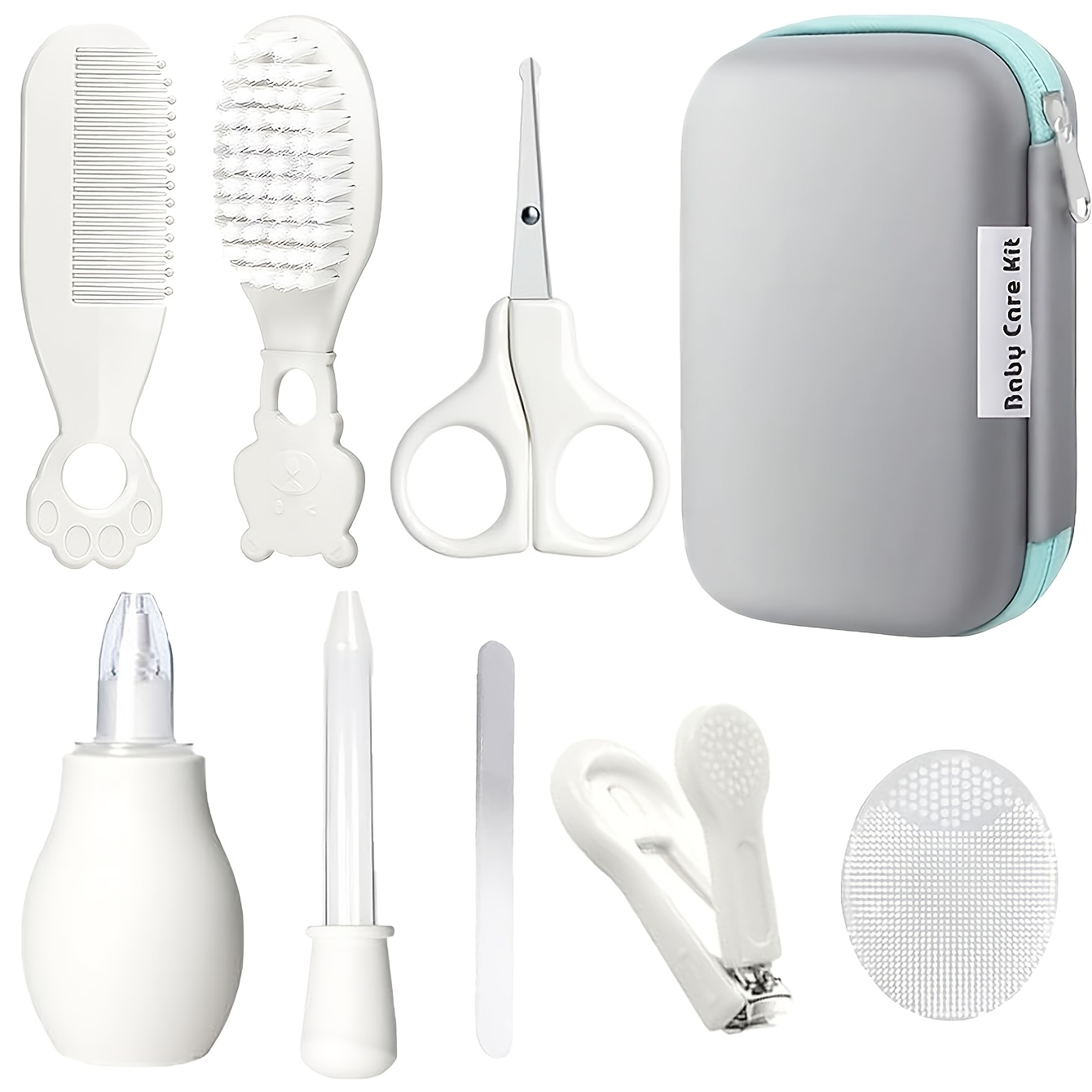 TEMU Kit de soins pour bébé de 9 pièces pour nouveau-nés, ensemble de toilette pour avec coupe-ongles, peigne, brosse et trousse de voyage portable,