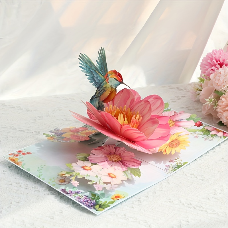 

Carte d'Anniversaire Pop-Up 3D Artisanale avec Feuille d'Érable, Oiseau & Motif Floral - Intérieur Vierge pour Messages