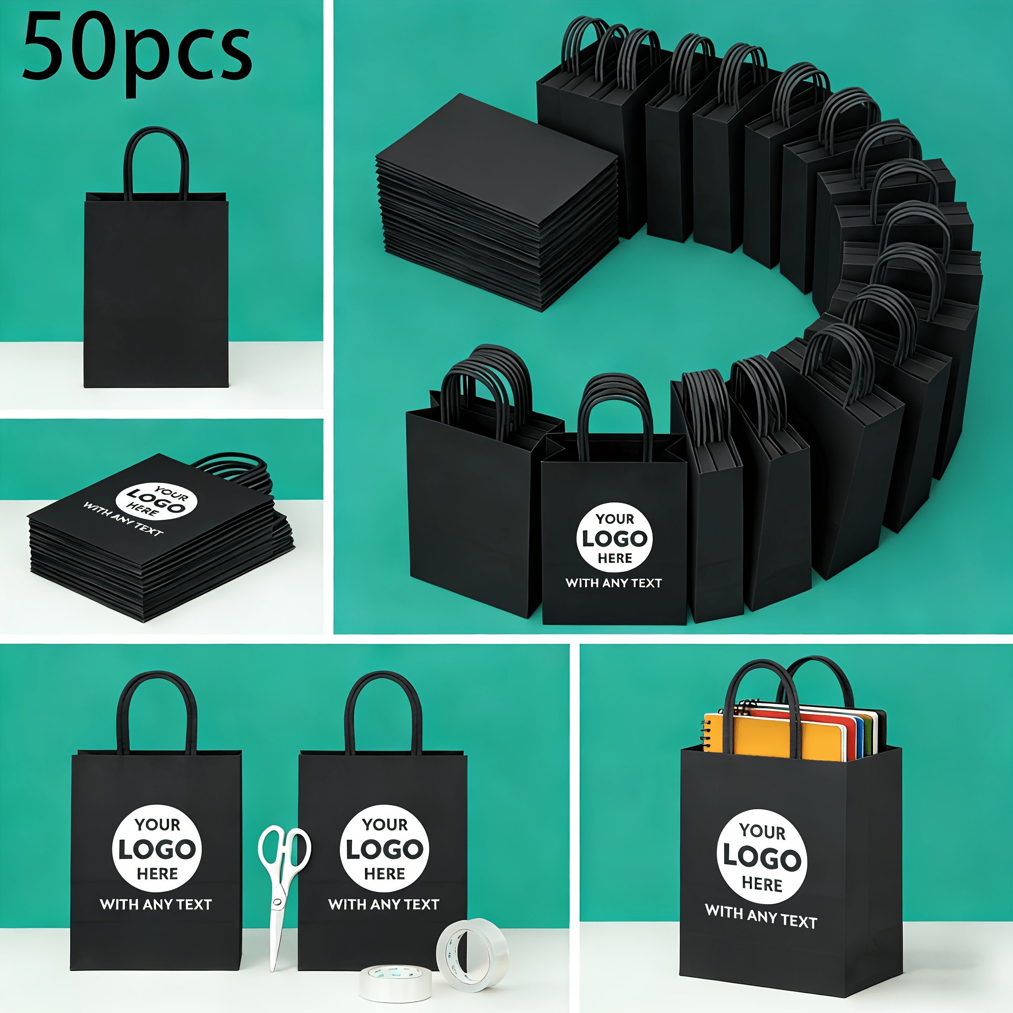 TEMU Lot de 30/50 sacs personnalisables noirs en papier de qualité supérieure avec poignées, avec votre motif/logo, sacs cadeaux de bricolage, idéaux