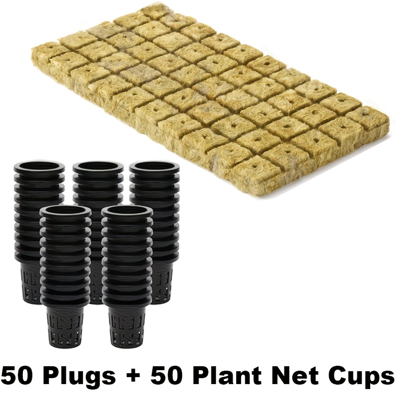 Image of Hydroponic Rock Cubes With Net Basin - 2.54cm Rock Planting Cubes With 50 Plugs And 50 Plant Net Cups For Rooting Cloning Plants, Fish And Vegetable Symbiotic Vertical Supplies