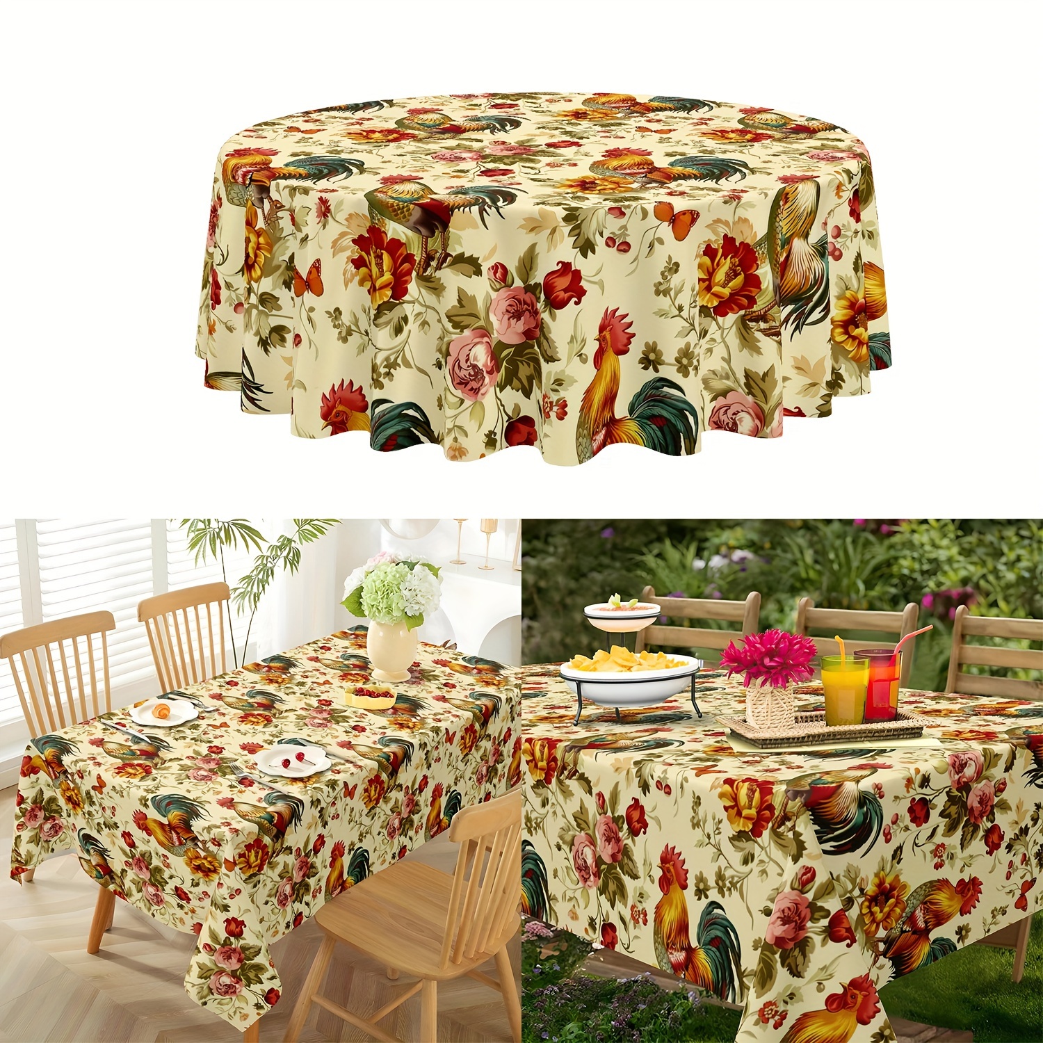 

Rooster & Floral Round Tablecloth - Stain-resistant, Waterproof Polyester Cover For Thanksgiving & Holiday