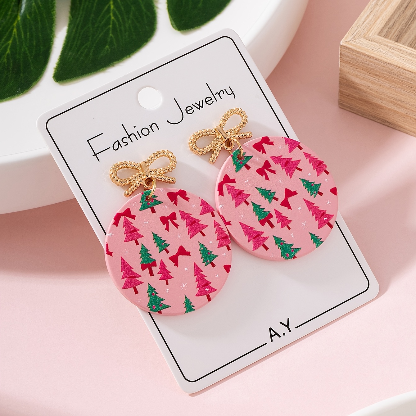 TEMU 1 Pair Christmas Cute Bow Christmas Tree Print Lacquered Design Women's Fashion Dangle Earrings, Perfect Gift For Parties