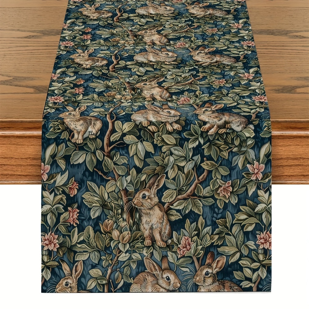 

Easter Bunny Themed Table Runner, 100% Polyester Woven Rectangular Tabletop Decor, For Spring Party And Home Decoration