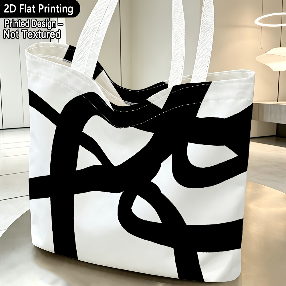 TEMU 1pc Women's Shoulder Bag, [printed Design – Not Textured] 2d Flat Abstract Black And White Line Themed Printed Pattern Shoulder Bag, Exquisite