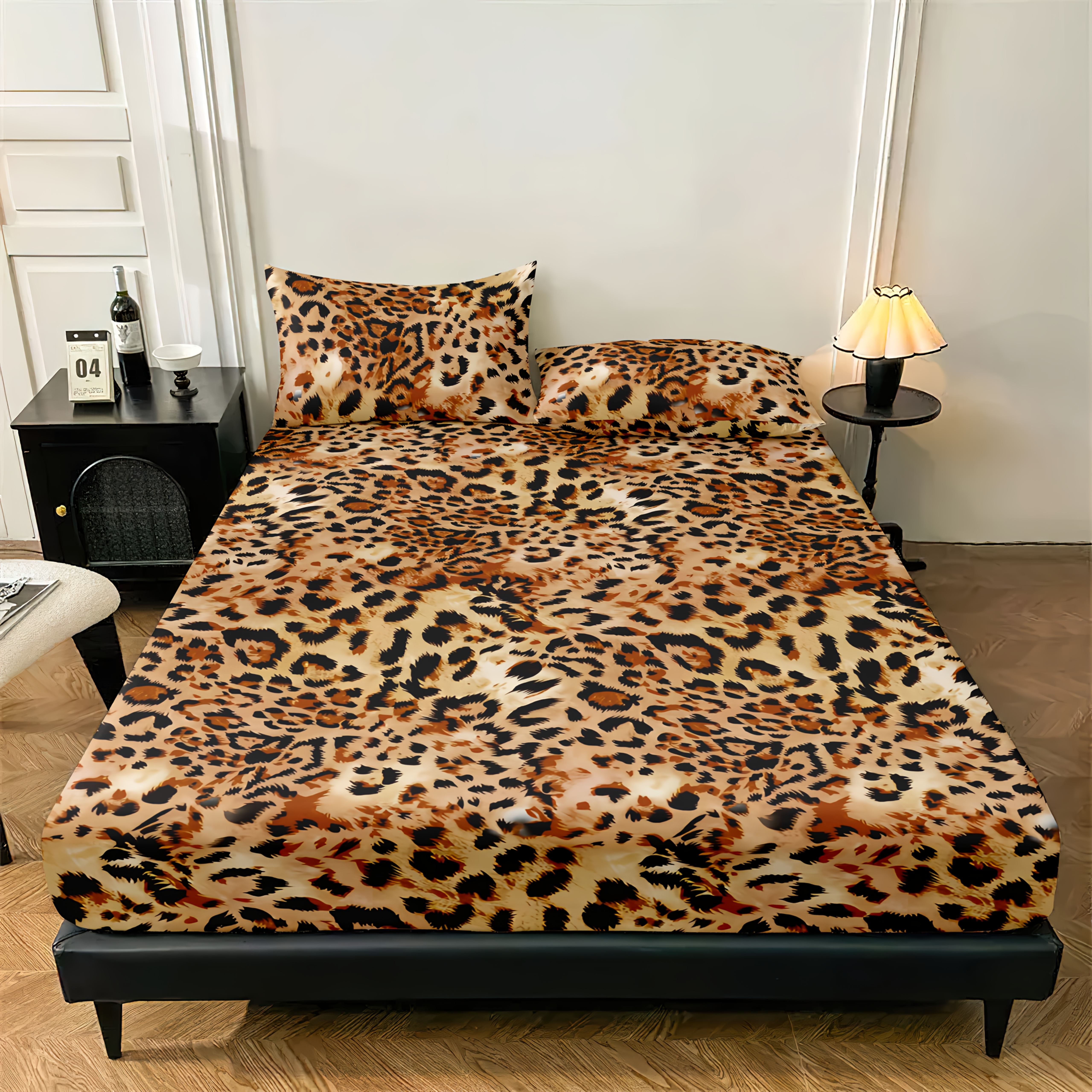 3pcs Leopard Print Fitted Sheet Set, Mattress Protector, Stylish And Comfortable Deep Pocket Breathable Bedding, Bedroom Decor, 1 Fitted Sheet + 2 Pillowcases, No Insert