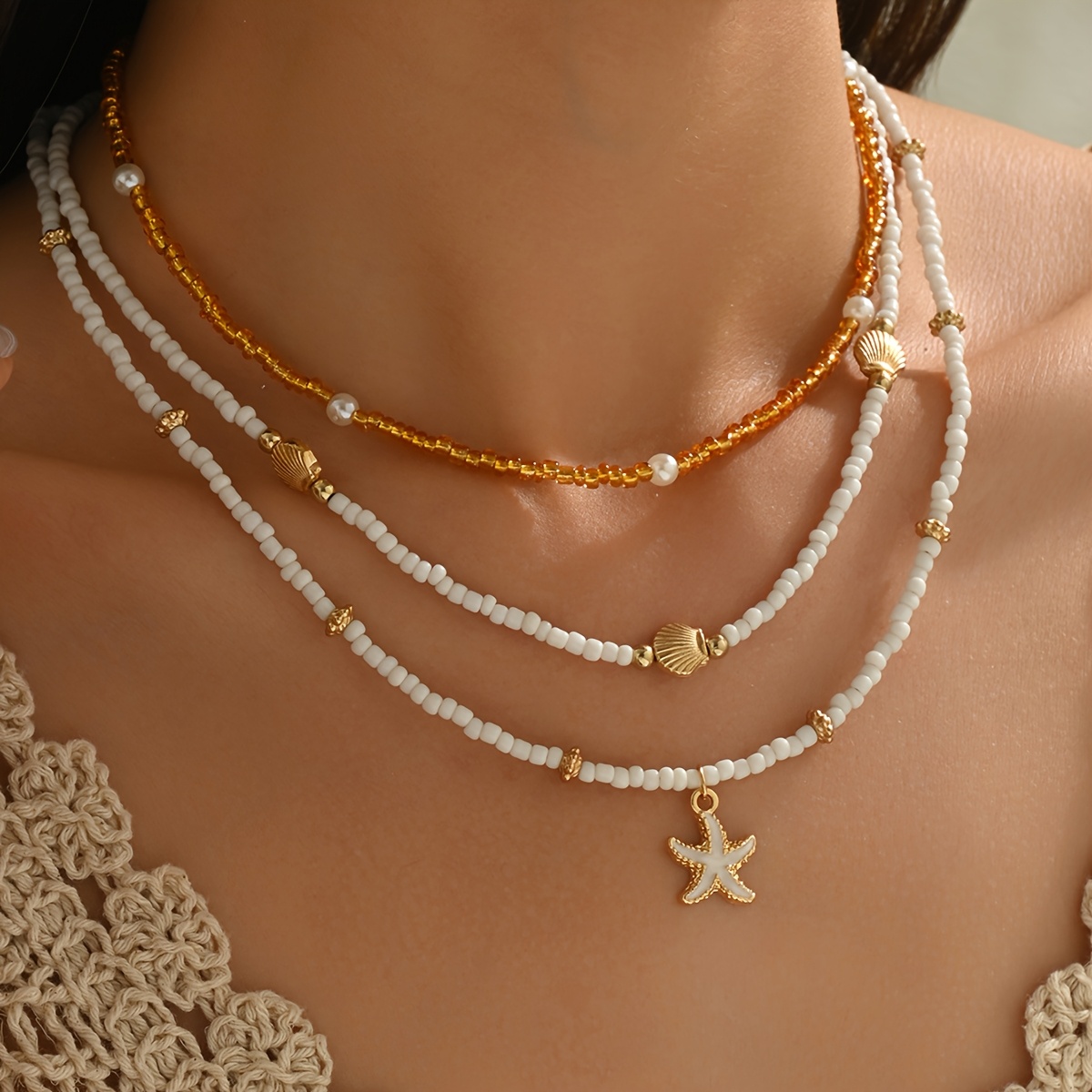 Boho Beaded Necklace Set - Ocean Beach Starfish Shell Neck Chain