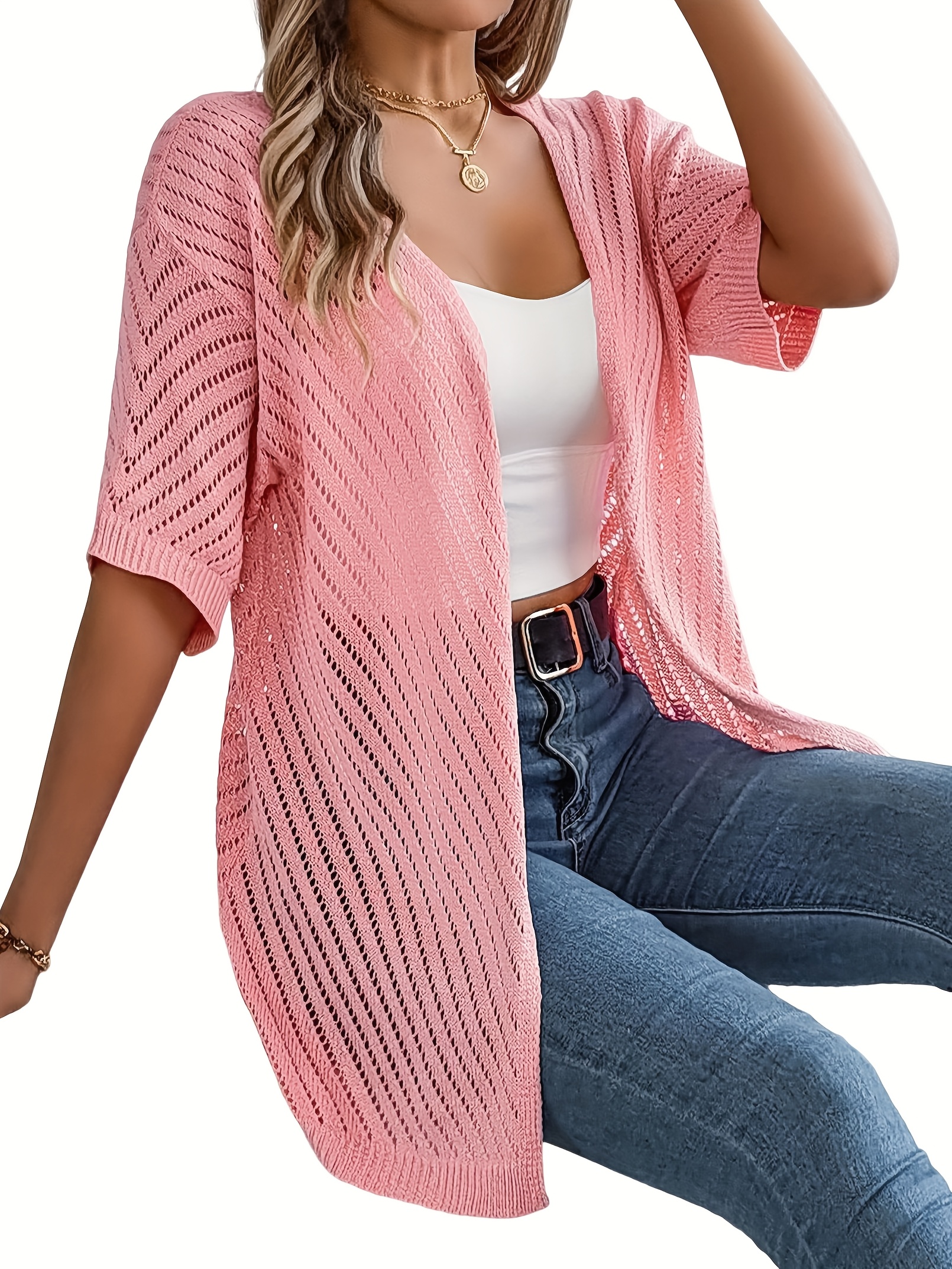 chaleco crochet mujeres manga corta kimono boho Temu