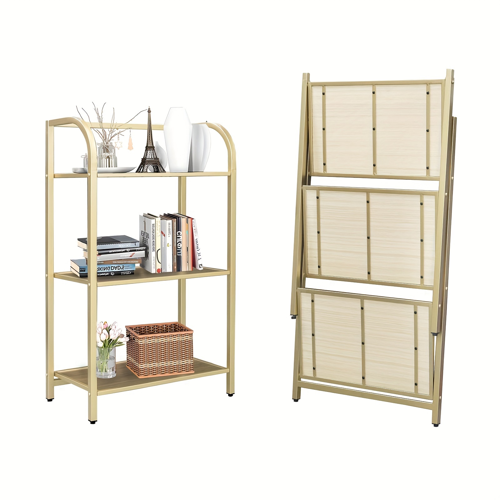 

No Assembly Folding Bookshelf, Metal Book Shelf, Gold Stand Storage Book Case, Wood Foldable Bookcase For Living Room, Bathroom