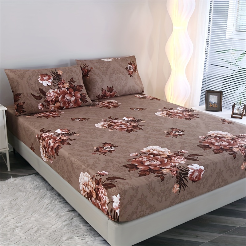 3pcs 100% Polyester Brushed Plant Print Bedroom Skin-friendly Soft Comfortable Fitted Sheet Three-piece Set (one Fitted Sheet + 2 Pillowcases) Without Pillow Core