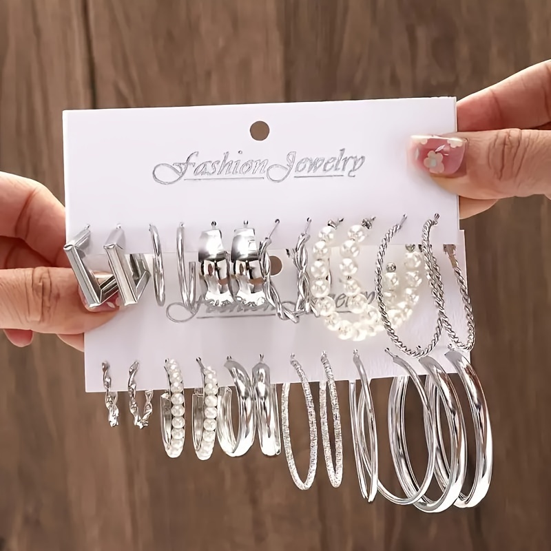 

12 Pairs/loop Shaped Earrings With Artificial Pearl Decoration, Elegant And Minimalist Style Alloy Jewelry, Fashionable Women's Gift