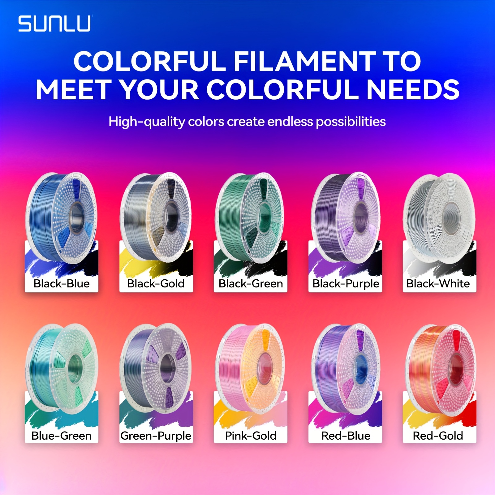 

Sunlu Pla Plus Filament, Gradient, High Toughness, Shiny Texture, 1.75mm Diameter, Low , Dimensional Accuracy +/- 0.02mm, Plastic , 10kg 10colors