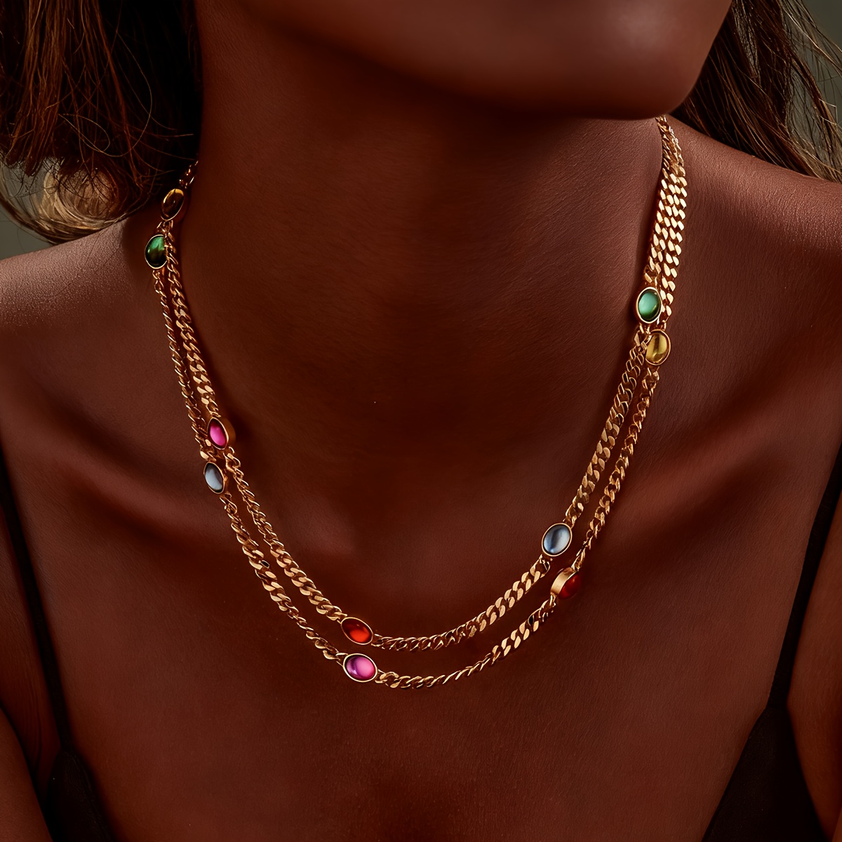Women's Colorful Resin Rhinestone Layered Chain Necklace