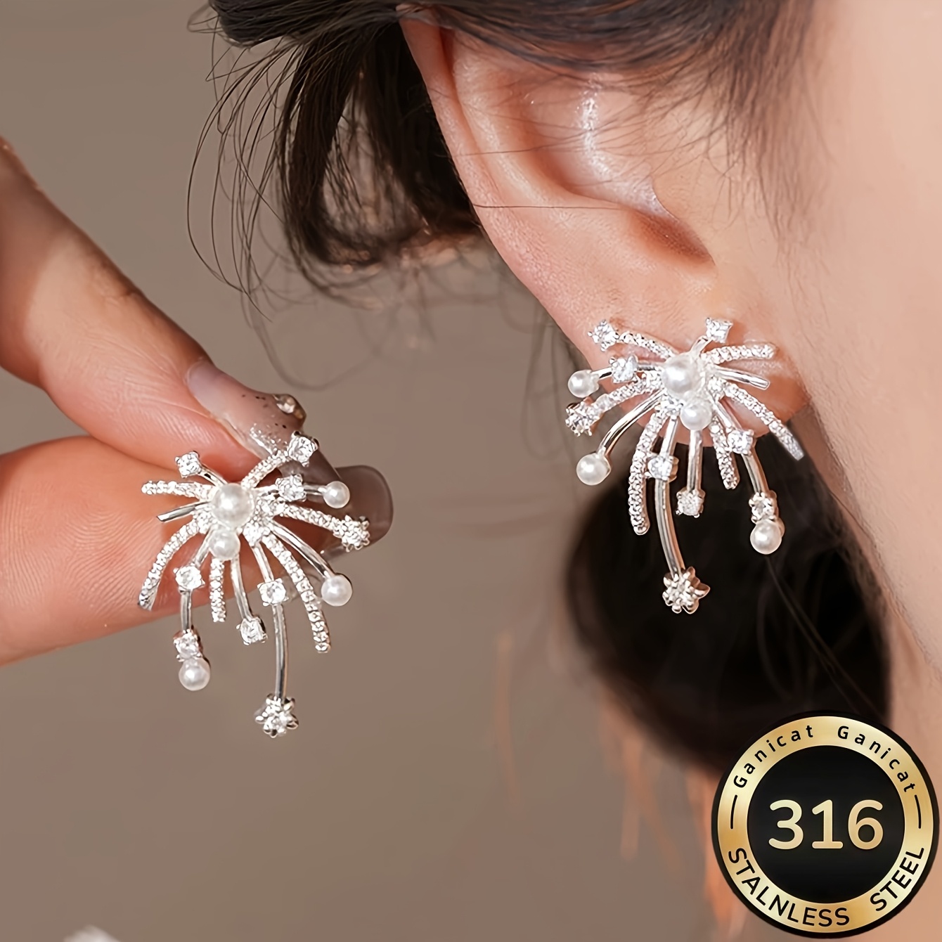 TEMU [Ganicat ] Pendientes elegantes para mujer de acero inoxidable 316 compatibles con beige -- artificial, uso diario de lujo, pendientes de botón