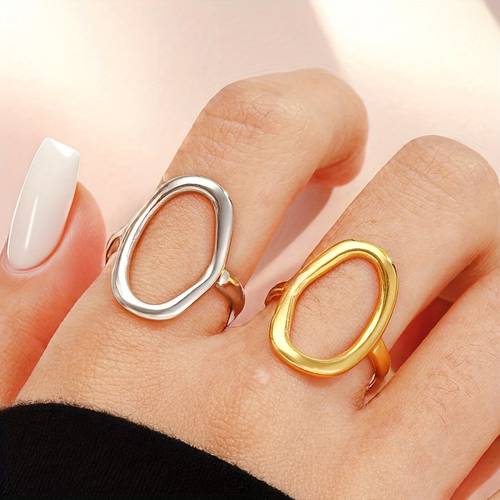 1pc Women's Stainless Steel Baroque Open Ring - Hollow Geometric Elliptical Hoop, Elegant Minimalist Luxury Jewelry for Daily Wear, Valentine's Gift, Wedding/Party Accessory, Year-Round Versatile Ring for Year-Round Wear