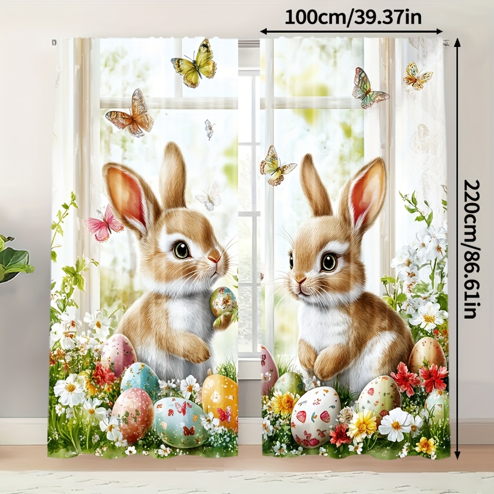 TEMU 2pcs, Curtain Curtains&drapes Easter Rabbit Colorful Egg Flower Versatile Fabric Sheer Curtain Holiday Use For Bedroom, Contemporary Style Home