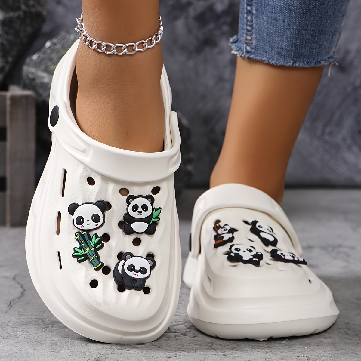 

Women's Cute Panda White Clogs, Breathable Foam Sandals With Charm Decorations, Casual Slip-on Summer Shoes