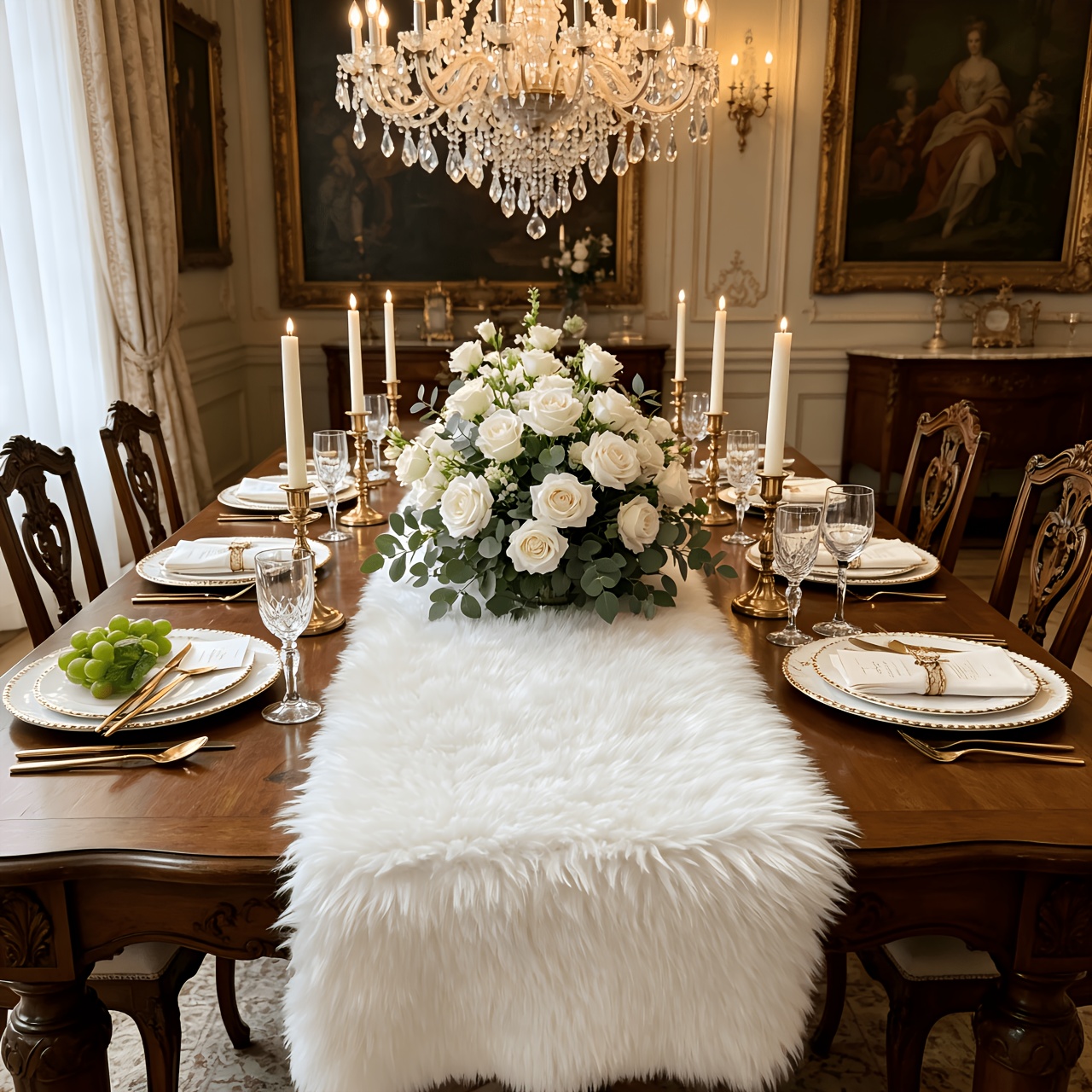 TEMU 1pc White Faux Fur Table Runner, Nordic Winter Plush Nightstand Decoration, For Bedroom Parties, Christmas, , Fireplace Mantle Tablecloth Strip