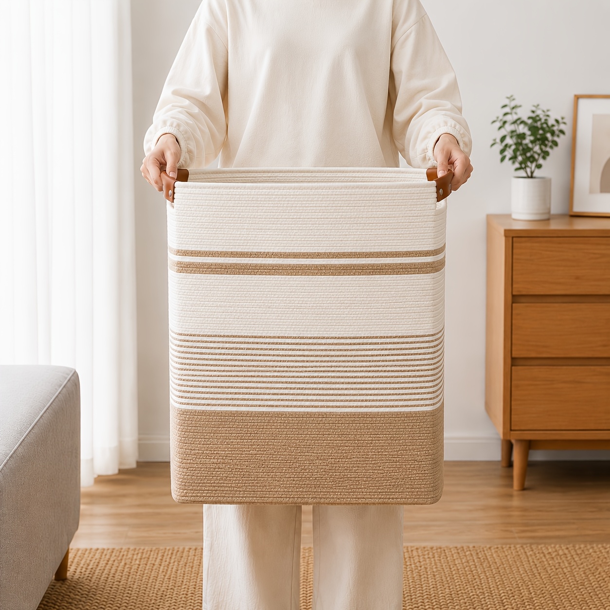 Laundry Basket with Handles - Blanket Basket And Hampers for Bedroom Aesthetic, Laundry Hamper And Blanket Storage for Living Room, Clothes Hamper, Tall, Large Light Brown And White, Shelf Baskets