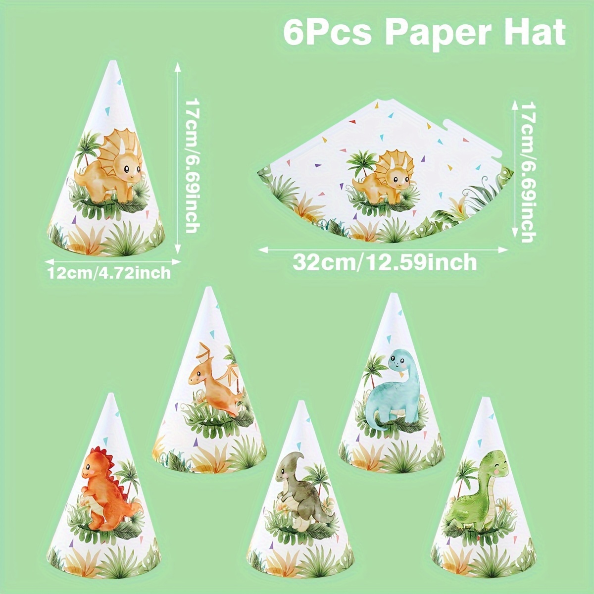 Image of 6pcs Dinosaur & Jungle Forest Themed Paper Hats - Perfect For 1st Birthday Parties, Showers & Gender Reveals For Halloween,christmas Event & Party Supplies
