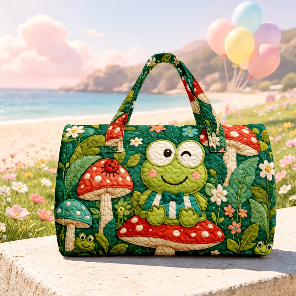 Bolso de mano acolchado de 1 pieza con estampado de Keroppi y champiñones, apto para mujer, bonito bolso de viaje cilíndrico con estampado de rana y champiñón, mochila lavable a máquina para regalos temáticos de Pochi Keroppi