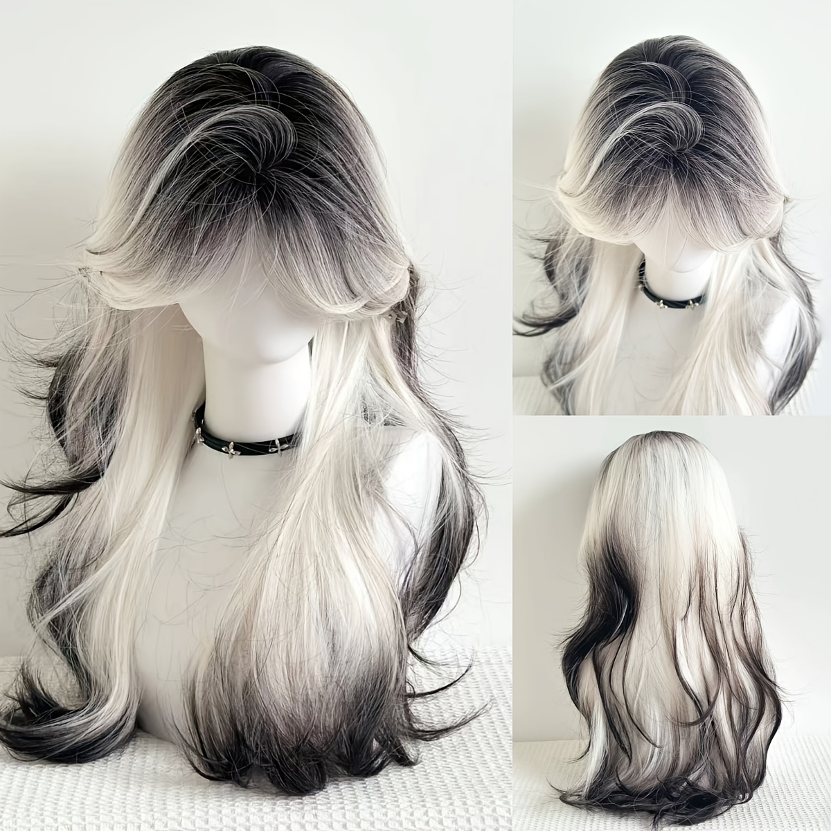 TEMU Perruque Bouclée Ombrée Noire et Blanche de 26 Pouces pour Femme, 1 pièce, Adaptée à Tous les de Peau - Cheveux Longs Couvrant avec Frange