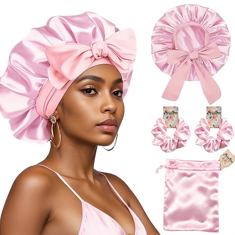 TEMU Sprinsoo 4pcs Satin Hairs Bonnet With Satin Scrunchies And Pouch Set, Sleep Cap With Bow Tie, Soft Nightcap For Curly, Braids, Dreadlocks, "
