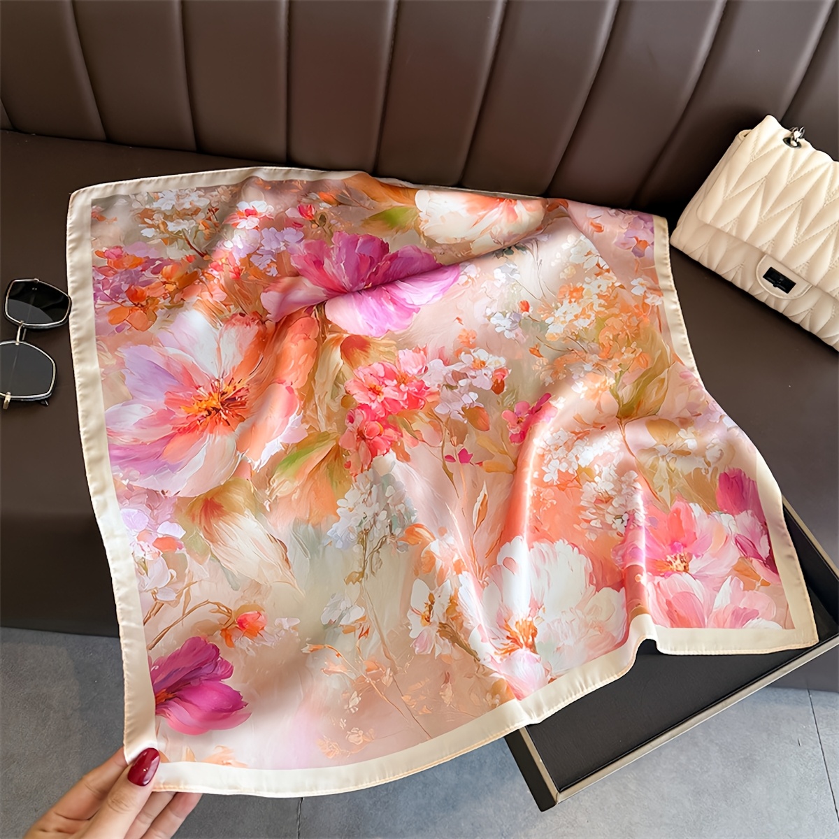 TEMU 1pc Of Faux Square Scarf For Women, Soft Headscarf, Hijab, Foulard, Bandana, Suitable For As A Decorative Neck Tie